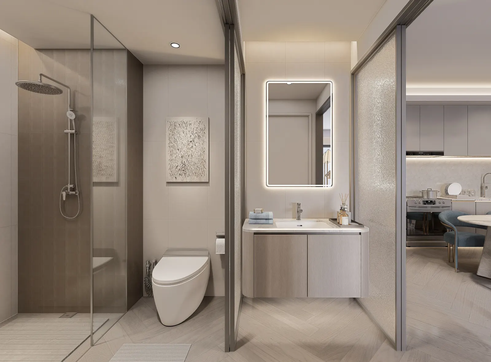 A wide view of a residence bathroom with a glazed shower.