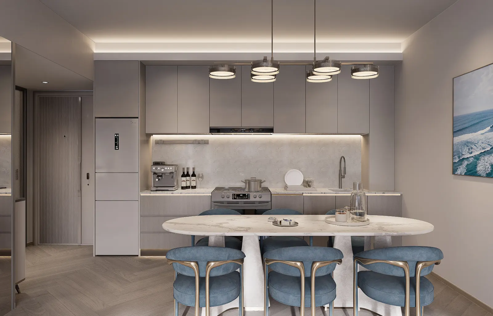 A contemporary kitchen with pale cabinetry, a stone worktop, and a dining table.