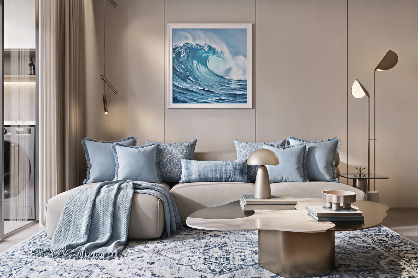 A lounge with a sand-coloured sofa, blue cushions, and a large blue wave artwork above.