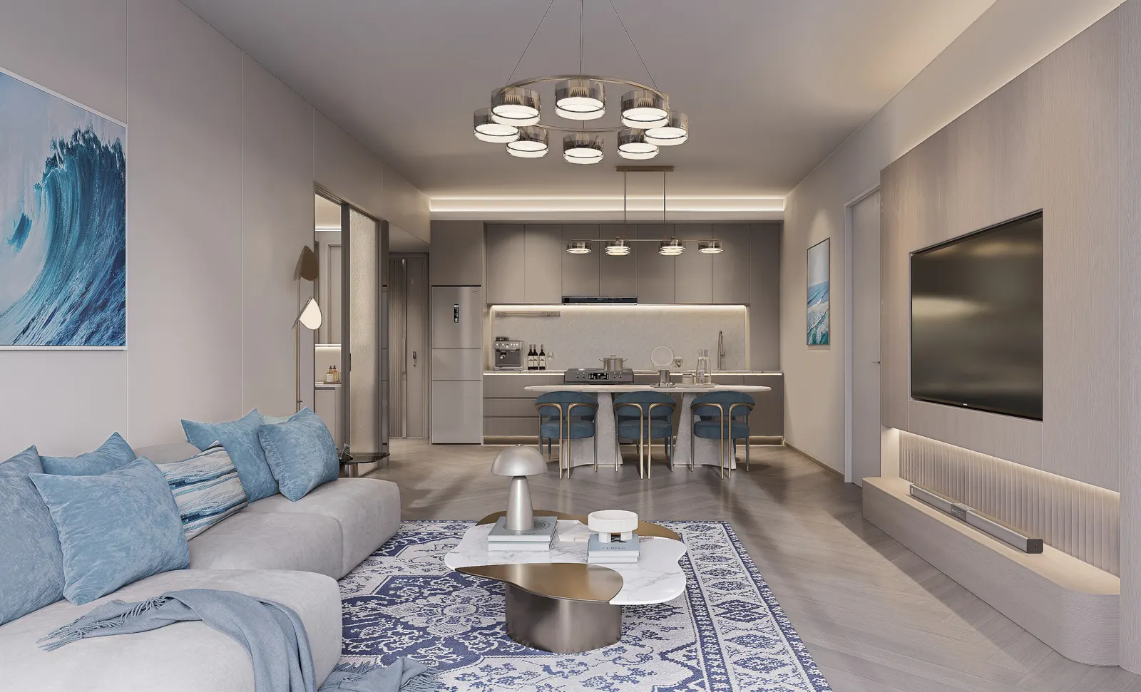 A residence living room in pale stone and timber, opening toward the kitchen.