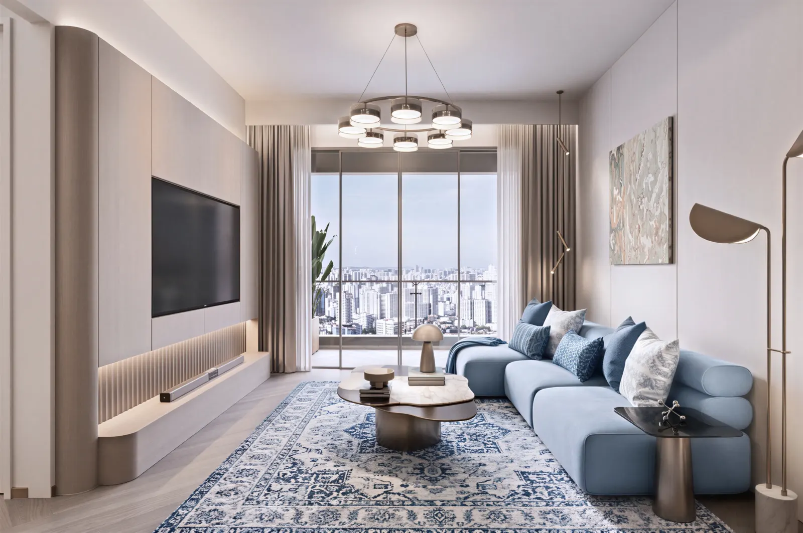 A sitting room with a pale blue sofa and patterned rug beneath full-height glazing and a city view.