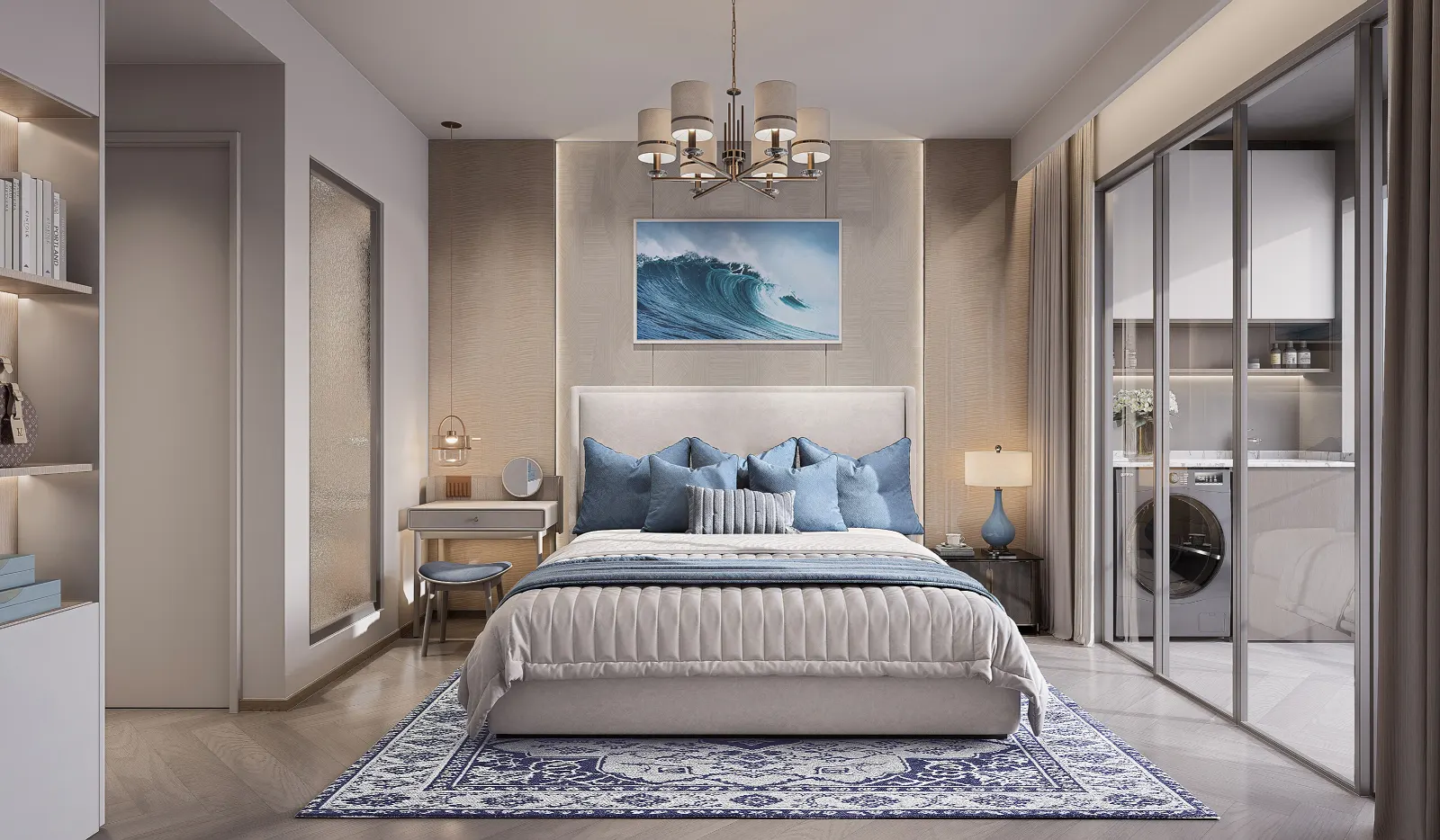 A master bedroom with an upholstered bed, pale timber wall, and glazed dressing area.