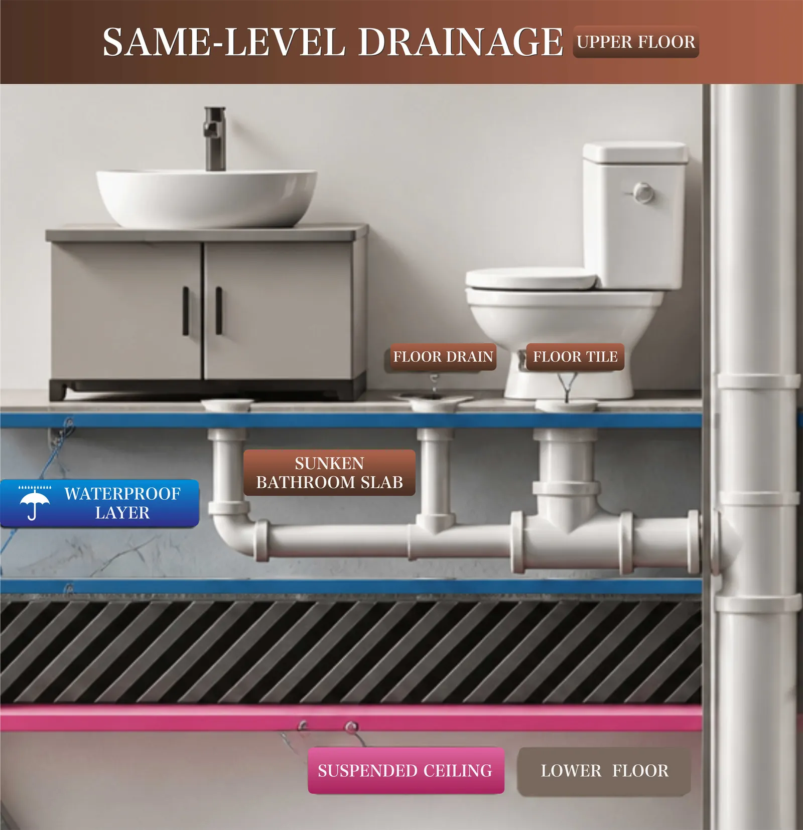 Diagram of Santorini’s same-floor drainage system, showing the upper-floor bathroom, floor drain, waterproof layer, sunken bathroom slab, drainage pipes, suspended ceiling, and lower floor.