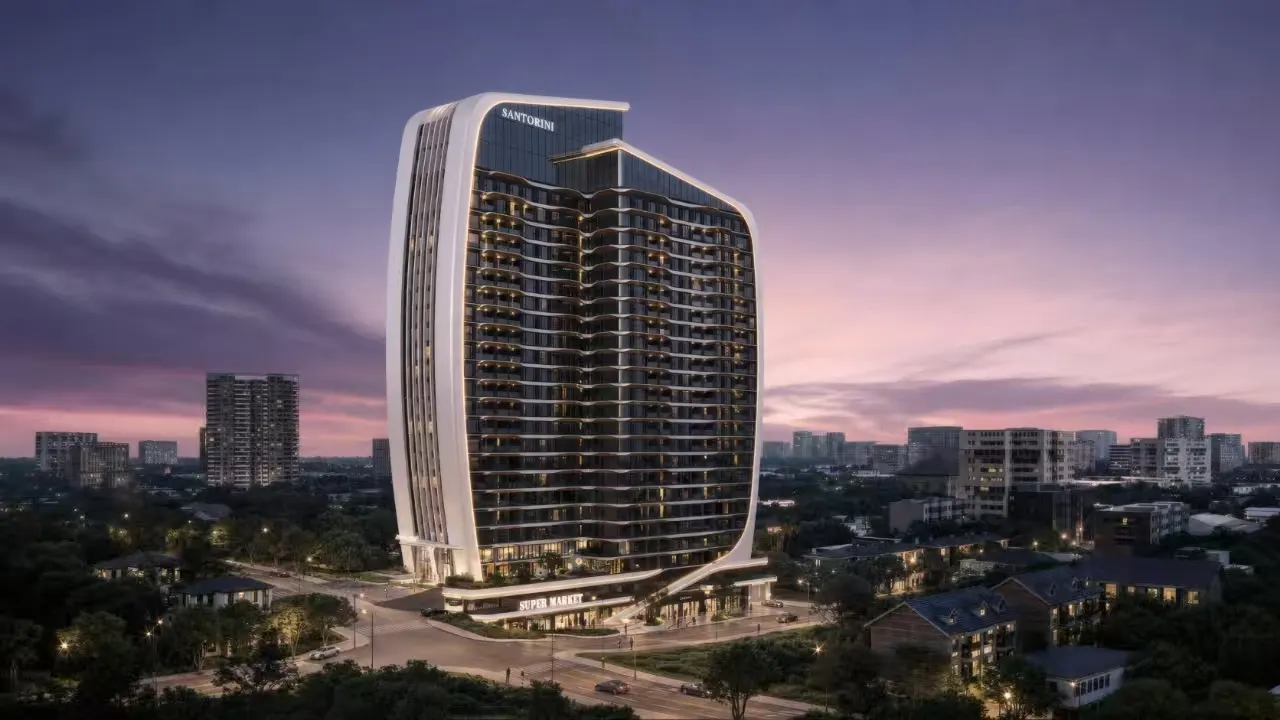 The curved Santorini Residences tower at sunset in Westlands, Nairobi.
