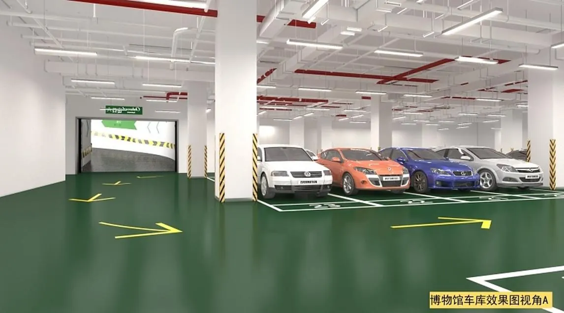 Renovated underground car park serving the library and museum.