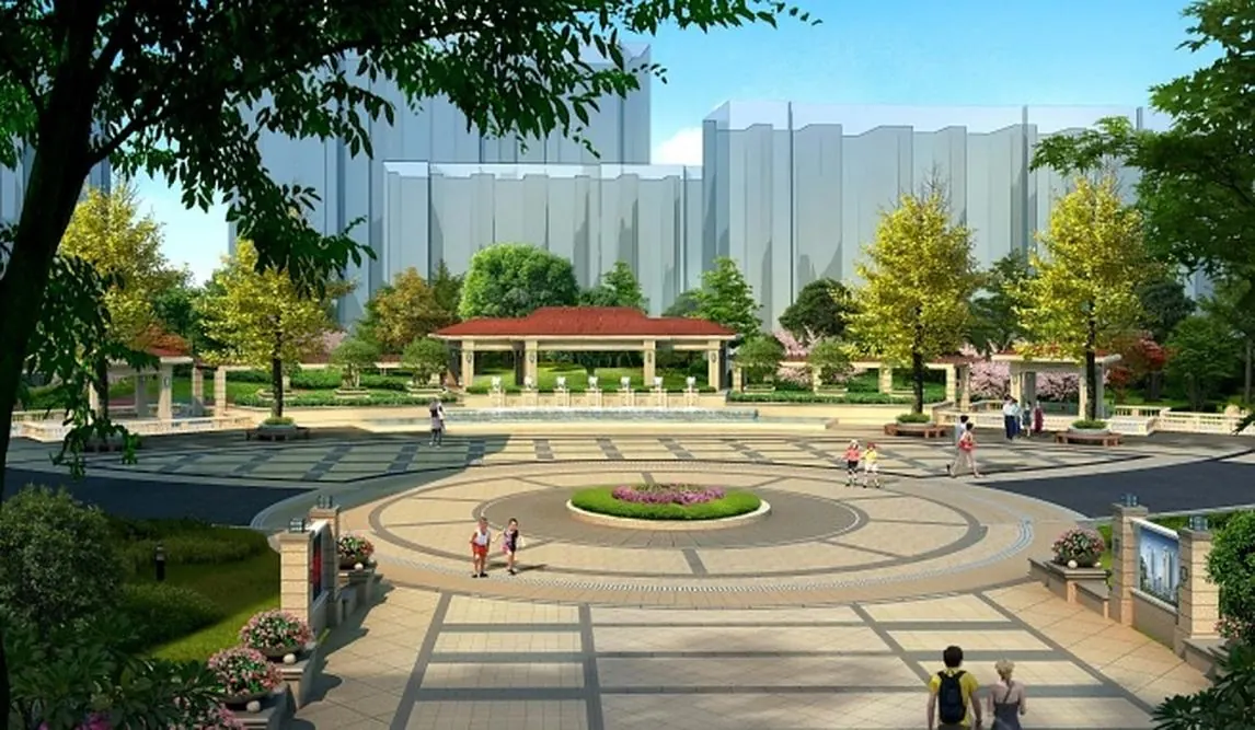 Landscaped public forecourt at Qingxiang Yayuan.